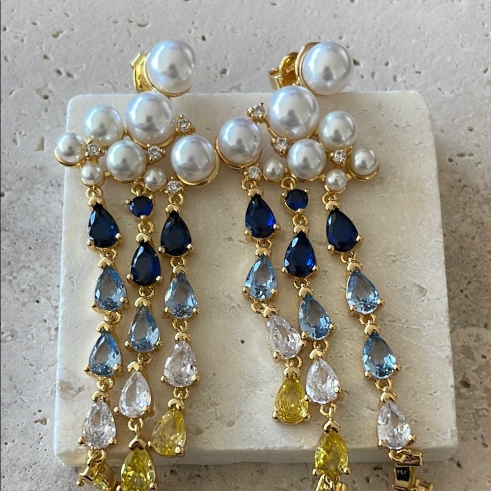 Elegant Gold and Blue Pearl Drop Earrings - Picture 3 of 6